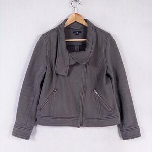 Gap Moto Jacket Womens Large Gray Asymmetrical Zip Fleece Funnel Neck Edgy *